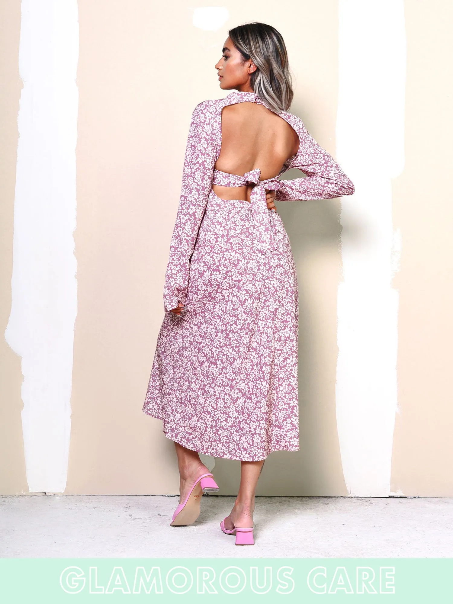 Glamorous Care Blush Floral Ditsy Open Back Detail Midi Dress