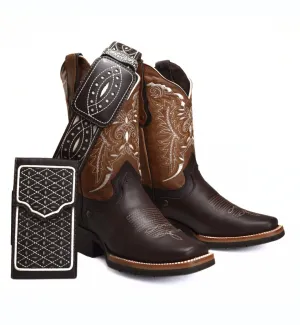 Joe Boots 512 Brown Combo Men's Western Boots: Square Toe Cowboy & Rodeo Boots with Genuine Leather Belt and Phone Case