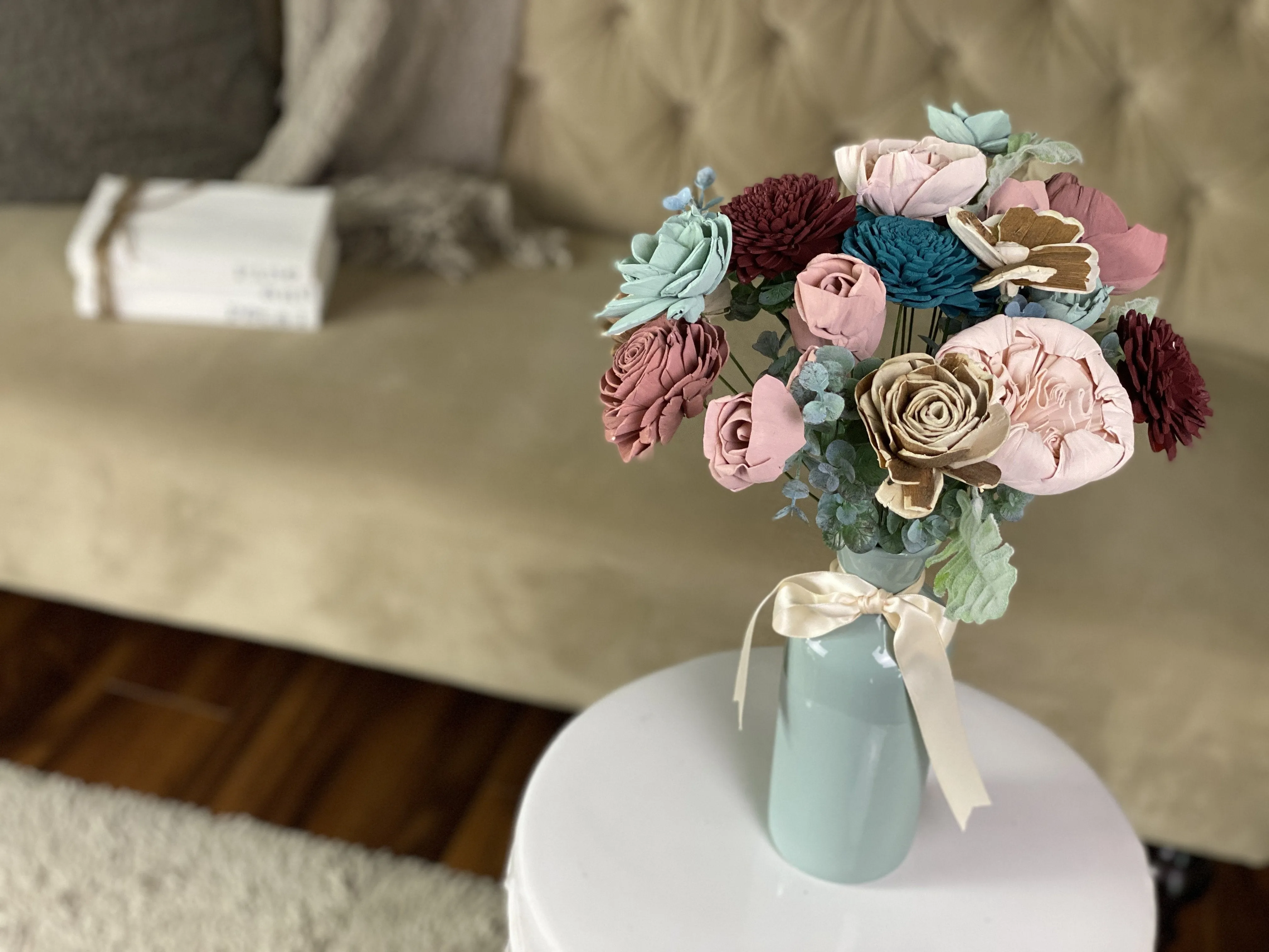 Seafoam & Succulents - Seafoam Vase Sola Flower Arrangement